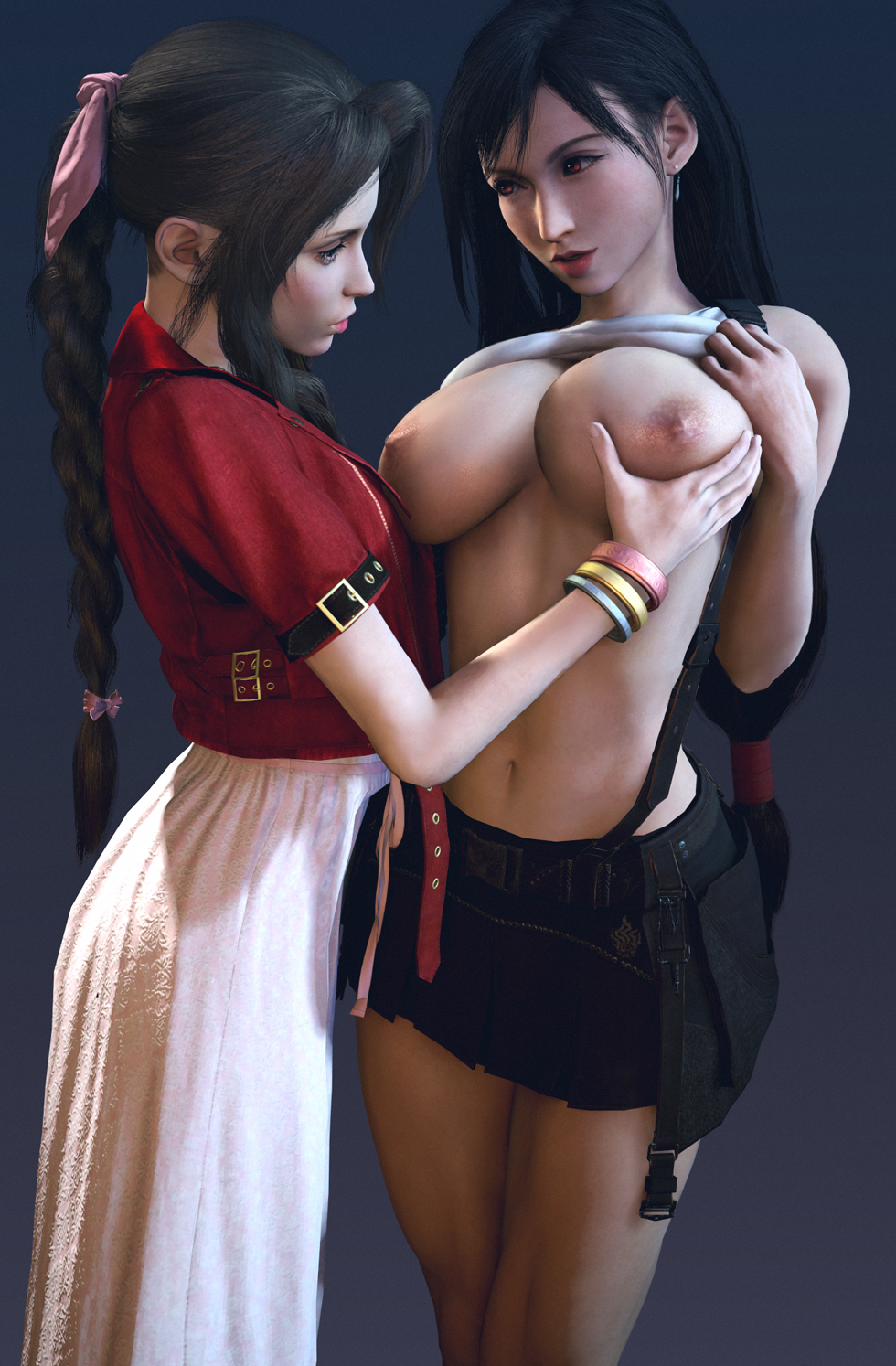 2girls, 3d, aerith gainsborough, areolae, batesz, big breasts, breast grab, breasts, female, female only, final fantasy, final fantasy vii, hourglass figure, large breasts, lesbian, nipples, realistic, source filmmaker, tifa lockhart, yuri