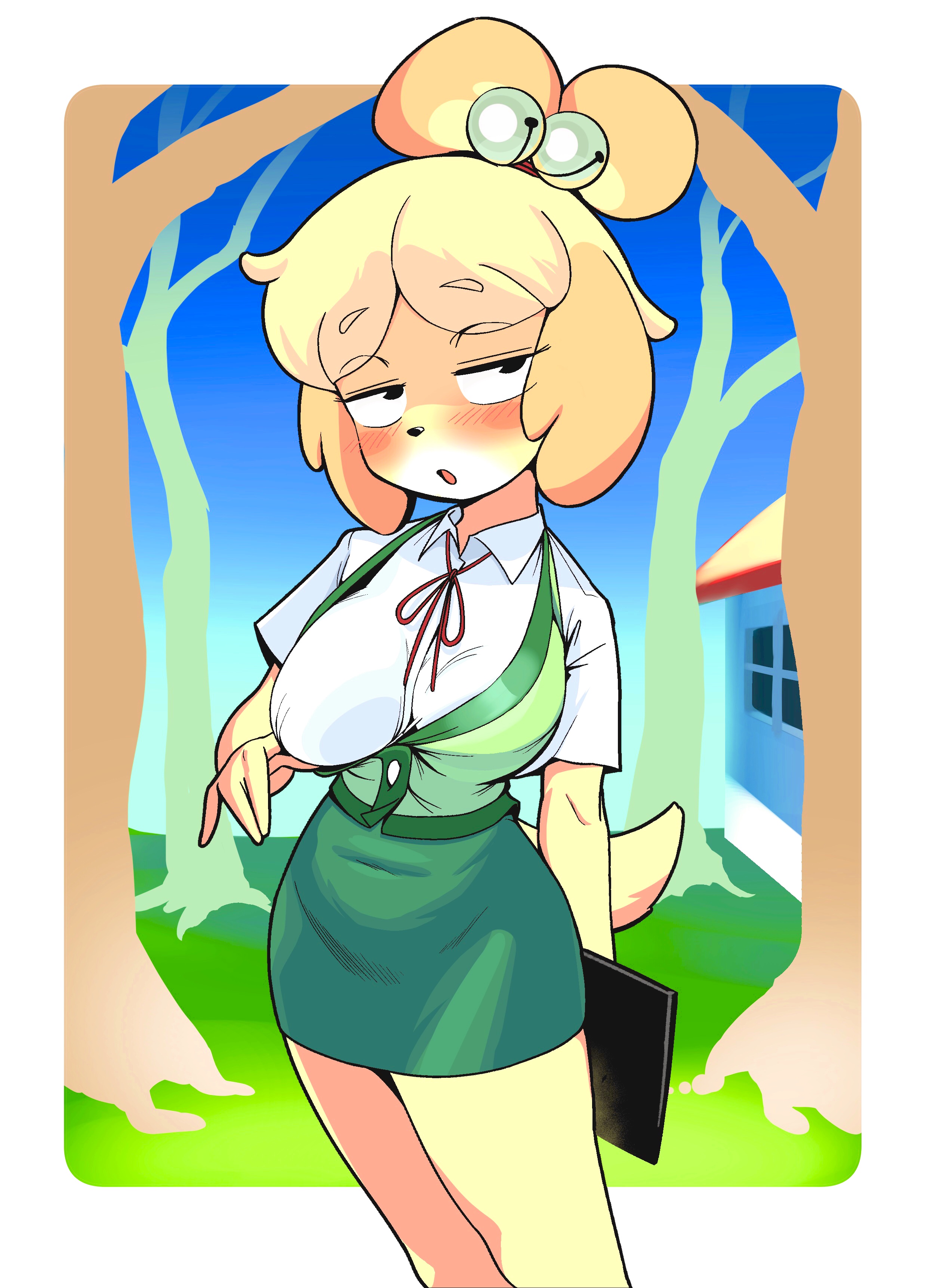 1girls, animal crossing, anthro, big breasts, blush, breasts, canine, dog ears, dog girl, female, furry, isabelle (animal crossing), looking at viewer, nintendo, one breast out, secretary, skirt, teasing