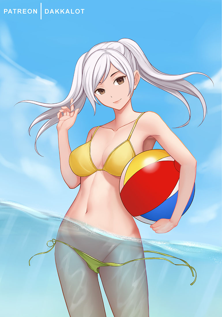 armpit beach_ball beachball bikini dakkalot deep_armpits fire_emblem fire_emblem_awakening partially_submerged robin_(fire_emblem) robin_(fire_emblem)_(female) sea twintails wardrobe_malfunction water white_hair