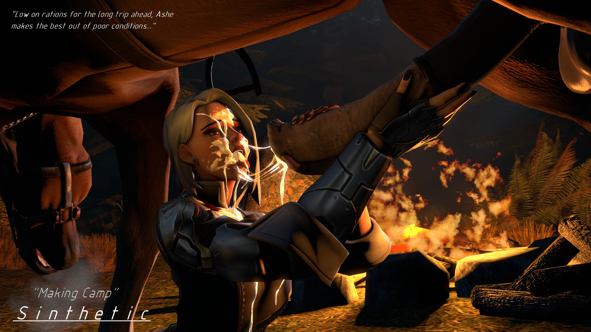 1animal, 3d, ashe (overwatch), breath, campfire, cum, cum in mouth, cum on face, female, female on feral, feral, handjob, horse, horsecock, large penis, larger feral, male, overwatch, penis, sinthetic, size difference, source filmmaker, steam, white hair, zoophilia