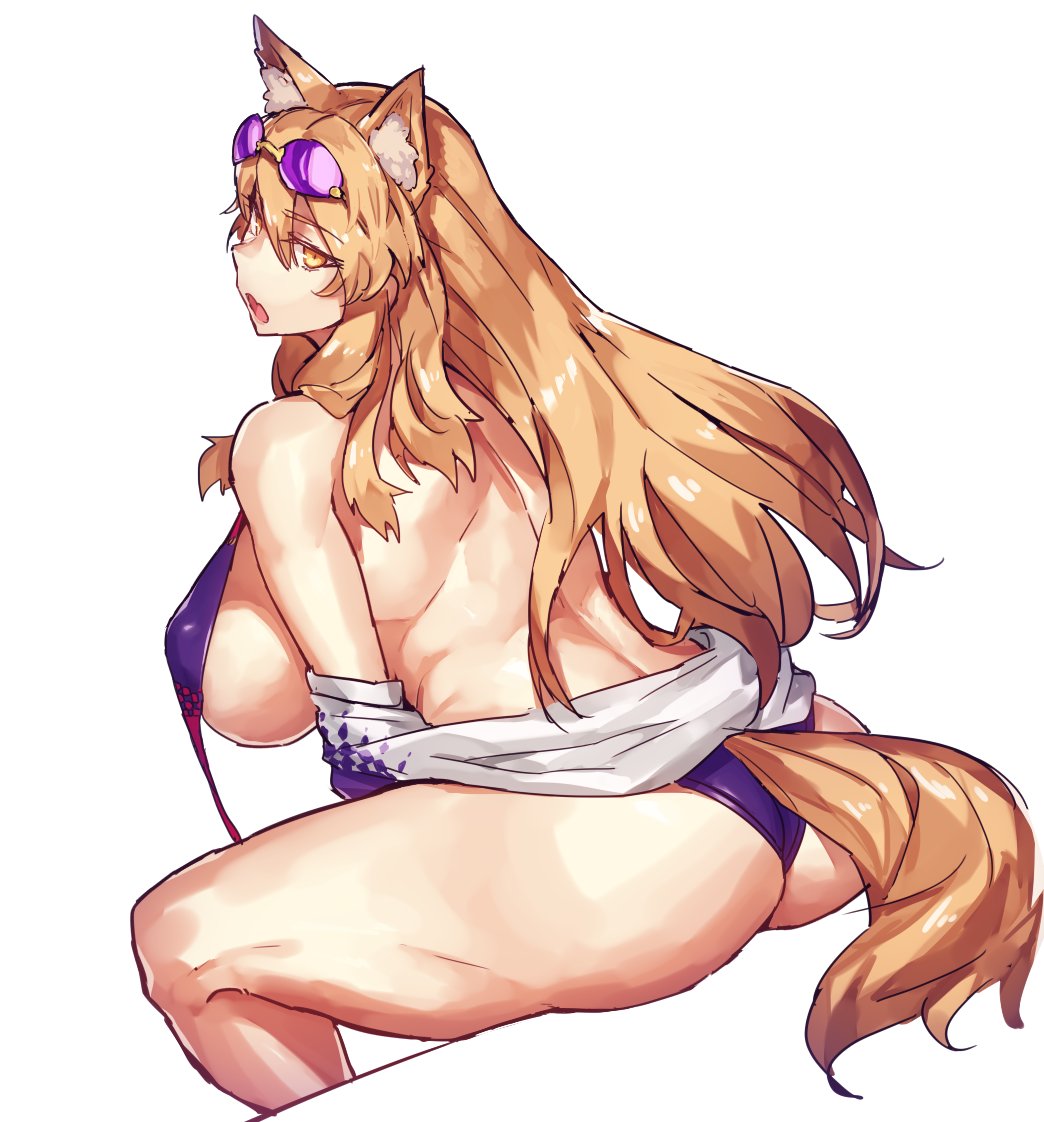 back, big breasts, bikini, breasts, fate (series), fate/extra, fate/grand order, female, fox, fox ears, fox girl, fox tail, huge breasts, long hair, looking at viewer, looking back, melon22, muscular, muscular back, muscular thighs, orange hair, sunglasses on head, suzuka gozen (fate), suzuka gozen (heavenly demon princess) (fate), thick thighs, thighs, untied bikini, yellow eyes