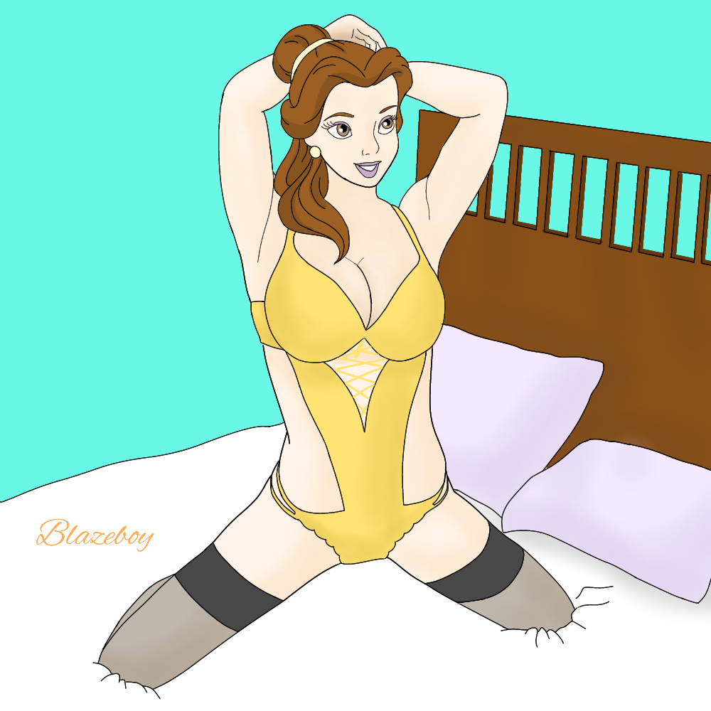 beauty_and_the_beast bed belle big_ass big_breasts black_stockings blazeboy brown_eyes brown_hair brunette cleavage disney disney_princess full_cleavage large_breasts lingerie stockings thick_thighs yellow_lingerie