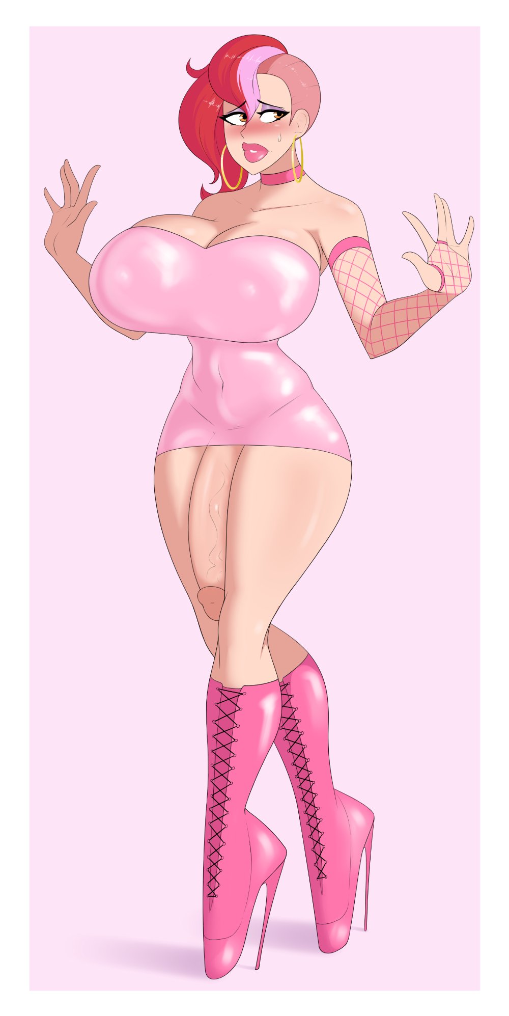 ballet boots, big breasts, bimbo, breasts, futa only, futanari, high heels, hoop earrings, hoop earrings oversized, huge cock, intersex, penis, penis to the knees, pink dress, sealguy, thick lips, thick thighs