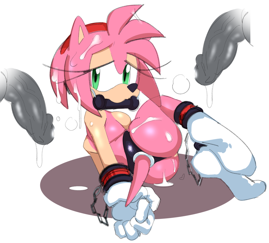 amy_rose anthro ass bodily_fluids bondage bound breasts bukkake chains clothing colored_sketch cum cum_in_hair cum_on_butt disembodied_penis eulipotyphlan female gag gagged genital_fluids genitals gloves hair hands_behind_back handwear hedgehog humanoid_genitalia humanoid_penis legwear looking_at_viewer looking_back male mammal nude penis side_boob simple_background socks solo sonic_(series) sonic_the_hedgehog_(series) straight watatanza white_background