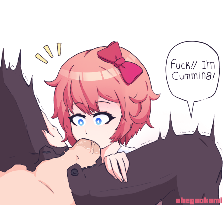 ahegaokami black_pants blue_eyes bow cum_in_mouth cum_in_throat cute deepthroat doki_doki_literature_club eyebrows_visible_through_hair fellatio hairbow imminent_orgasm legs_spread light-skinned_male oral pants pants_open penis penis_in_mouth pink_hair red_bow saliva sayori_(doki_doki_literature_club) simple_background teenager tight_throat veiny_penis