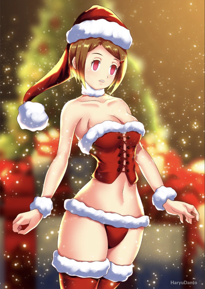 1girls, breasts, brown hair, christmas, christmas hat, christmas outfit, digimon, female, female only, haryudanto, hikari yagami, human, hypnosis, large breasts, mind control, skimpy clothes, solo