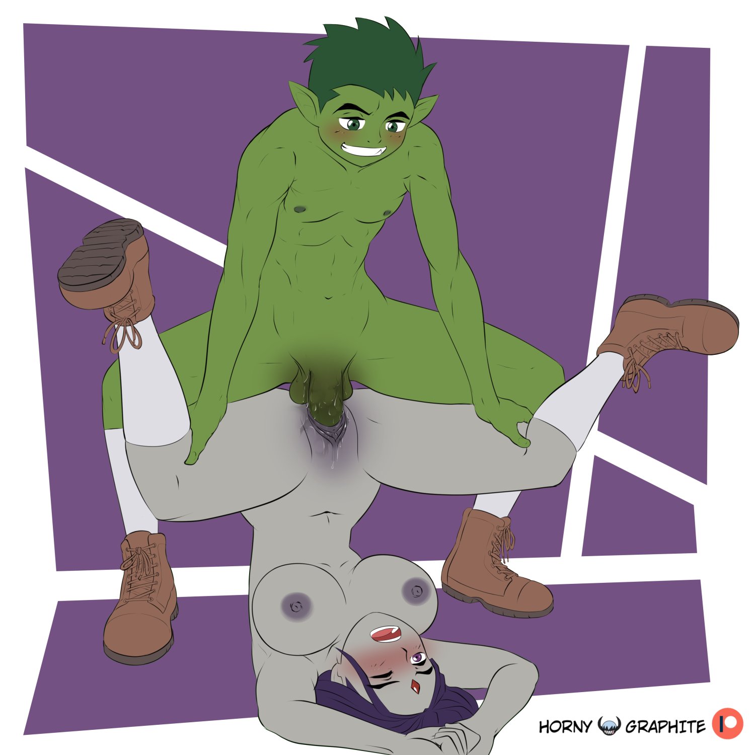 1boy, 1girls, beast boy, big breasts, blush, boots, boots only, breasts, cartoon network, completely nude, dc, dc comics, demon, demon girl, female, female penetrated, female/male, forehead jewel, garfield logan, green eyes, green hair, green penis, green skin, grey skin, hornygraphite, male, metahuman, nude, pectorals, penis, piledriver position, pointy ears, purple eyes, purple hair, pussy, rachel roth, raven (dc), sex, sharp teeth, short hair, socks, spiked hair, straight, superhero, superheroine, teen titans, vaginal penetration, white socks