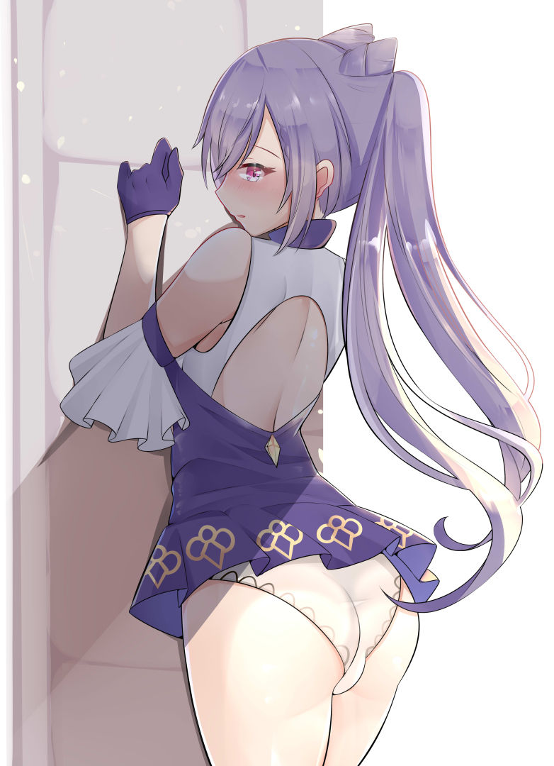 ass, ass focus, blush, dyed blue, exposed back, female, genshin impact, handwear, keqing (genshin impact), panties, purple hair, twintails