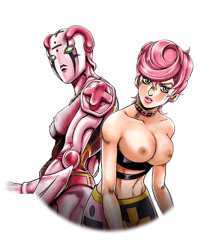 2girls ameno_dorime boobs breasts duo duo_focus edit female female_focus female_only green_eyes hirohiko_araki human humanoid jojo's_bizarre_adventure light-skinned_female light_skin pink_hair pink_skin short_hair shounen_jump spice_girl stand_(jjba) tits trish_una vento_aureo