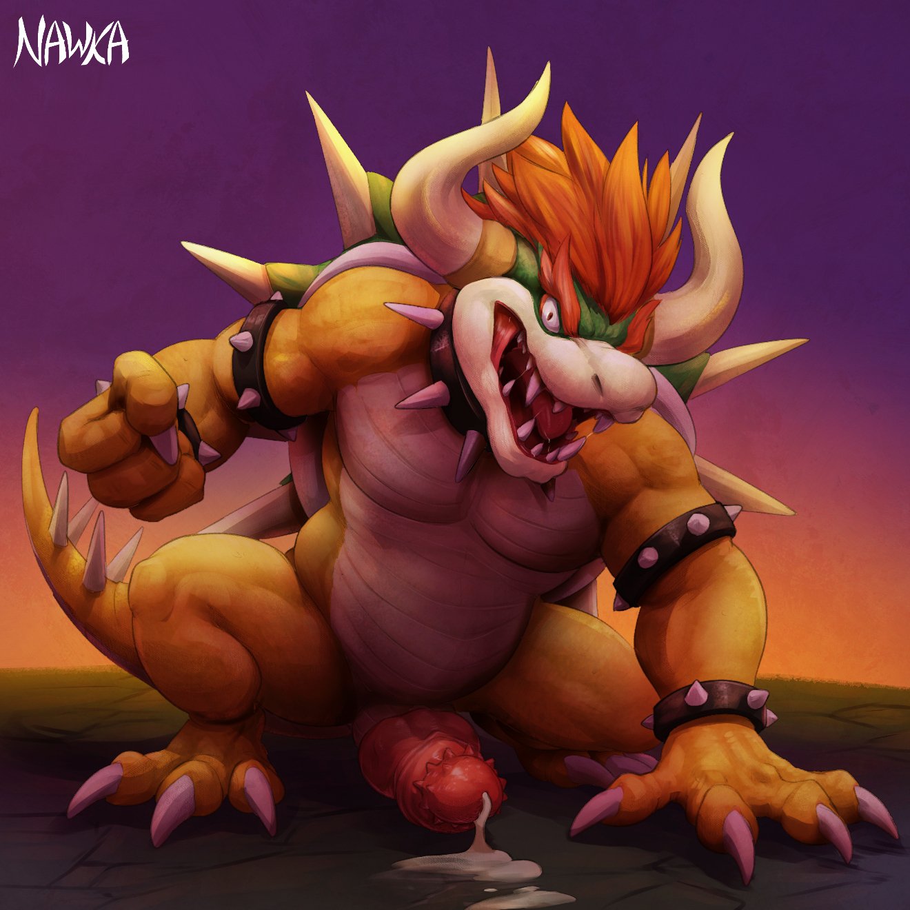 1:1 2020 4_fingers animal_genitalia animal_penis anthro bodily_fluids bowser bracelet claws collar cum cum_on_ground erection fingers genital_fluids genitals giga_bowser hair hi_res horn jewelry knot koopa looking_at_viewer male male_only mario_(series) muscular muscular_anthro muscular_male nawka nintendo nude open_mouth penile_spines penis red_eyes red_hair saliva scalie sharp_teeth signature solo spiked_bracelet spiked_collar spiked_tail spikes spikes_(anatomy) super_smash_bros. teeth toe_claws tongue video_games