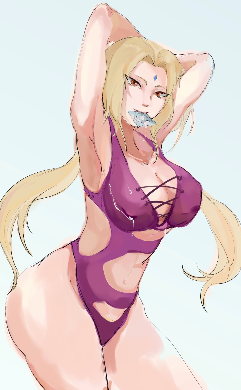 1girls, armpits, arms behind head, arms up, ass, big breasts, blonde hair, breasts, brown eyes, cleavage, condom, condom in mouth, cum, cum on body, cum on breasts, facial mark, female, forehead mark, long hair, looking at viewer, naruto, naruto (series), naruto shippuden, swimsuit, tied hair, tsunade, twintails, wide hips
