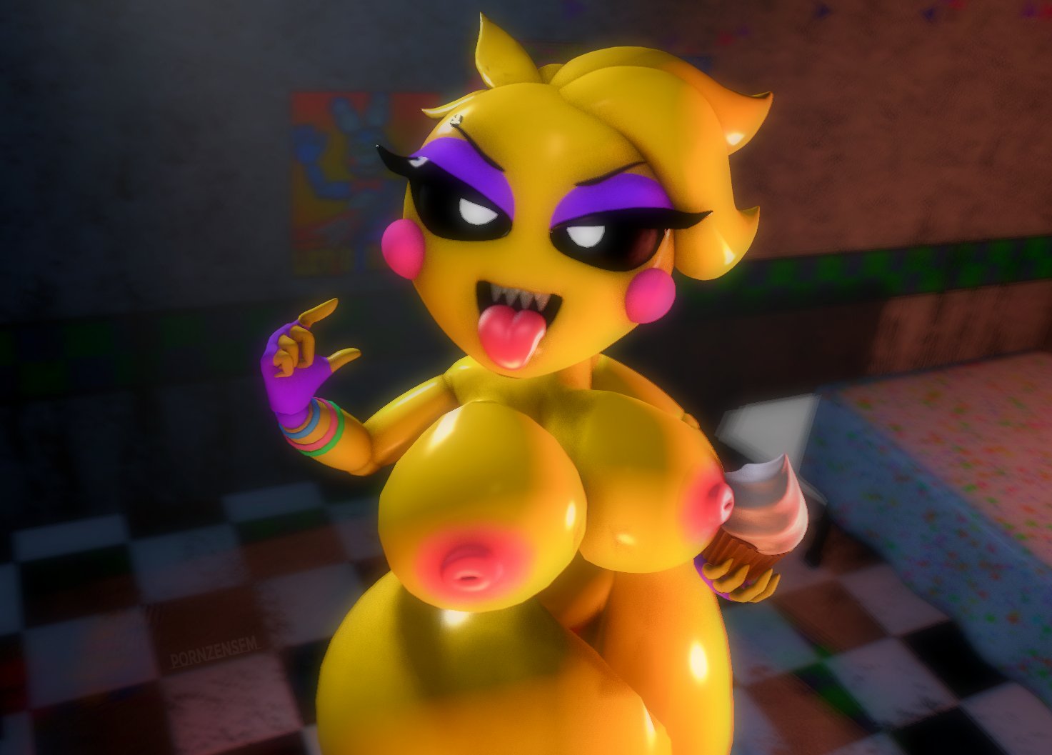 3d, 3d (artwork), big breasts, black eyes, breasts, cupcake, female, five nights at freddy's, huge toy chica, naked, party, pornzensfm, pornzensfm (artist), solo, solo female, tongue, tongue out, toy chica (eroticphobia), toy chica (fnaf)