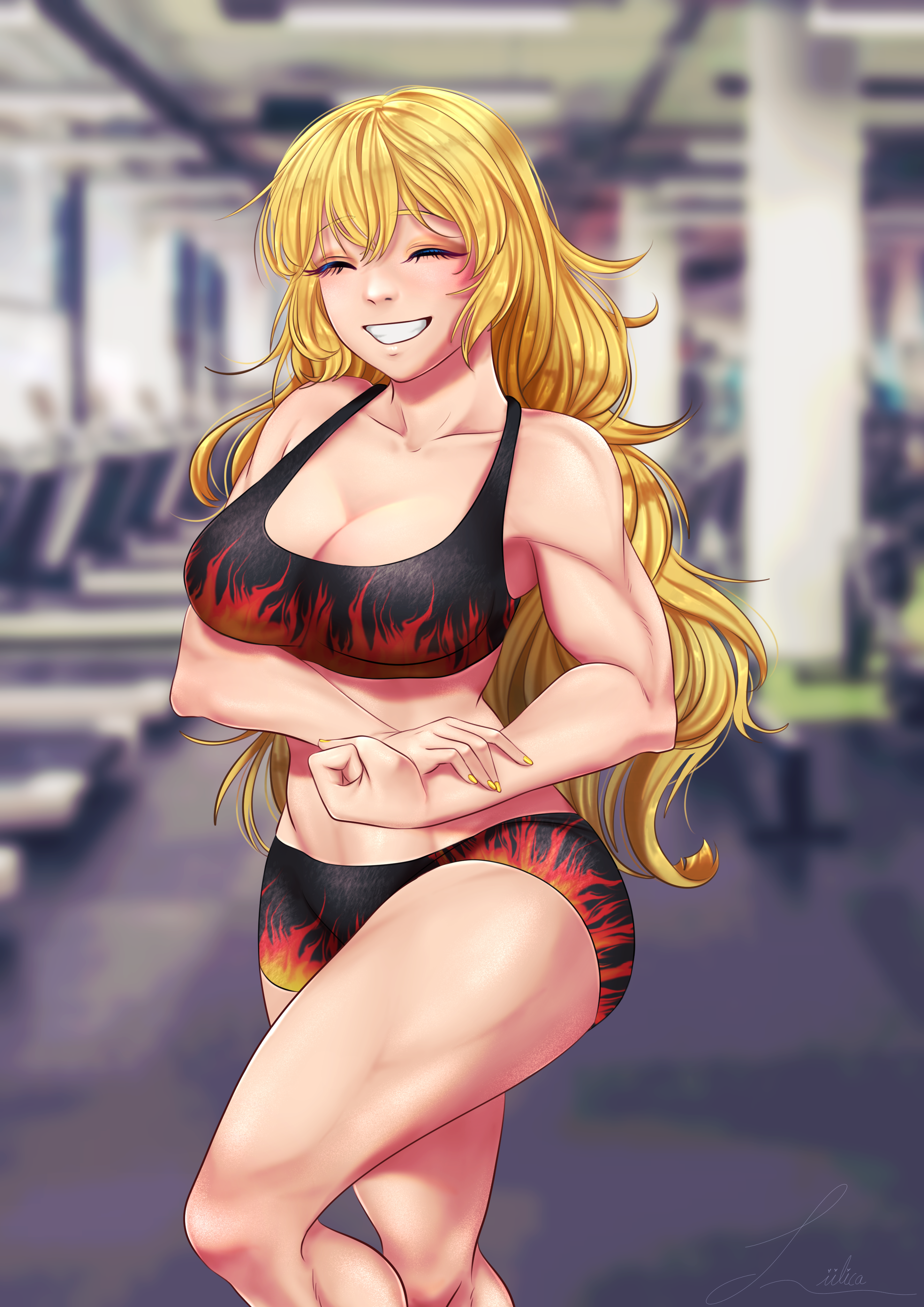 1girls, bike shorts, blonde hair, cleavage, cute, female, flexing, gym, liilica, long hair, midriff, muscular, muscular female, rwby, shorts, side view, solo, sports bra, sportswear, yang xiao long, yellow hair