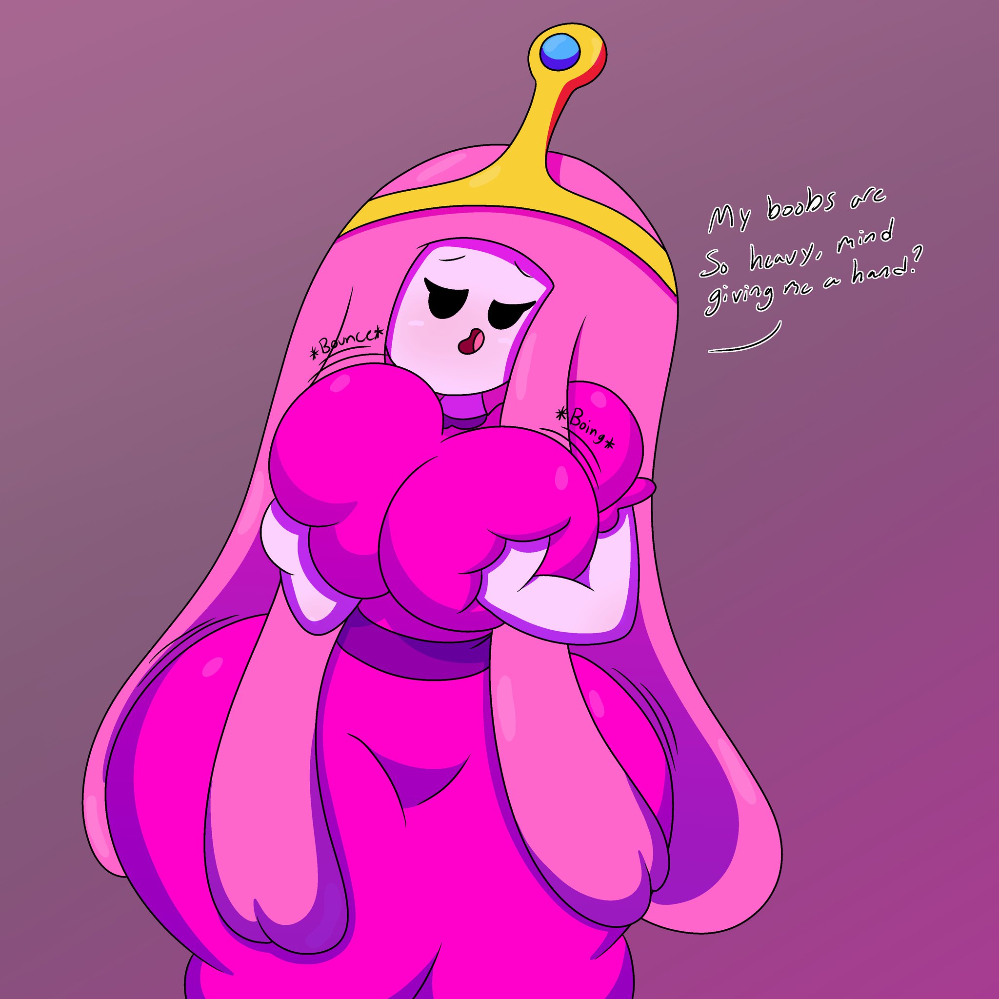1girls, 3barts, adventure time, bouncing breasts, breast squeeze, breasts, female, huge breasts, princess bubblegum, smug, text, thick thighs, wide hips