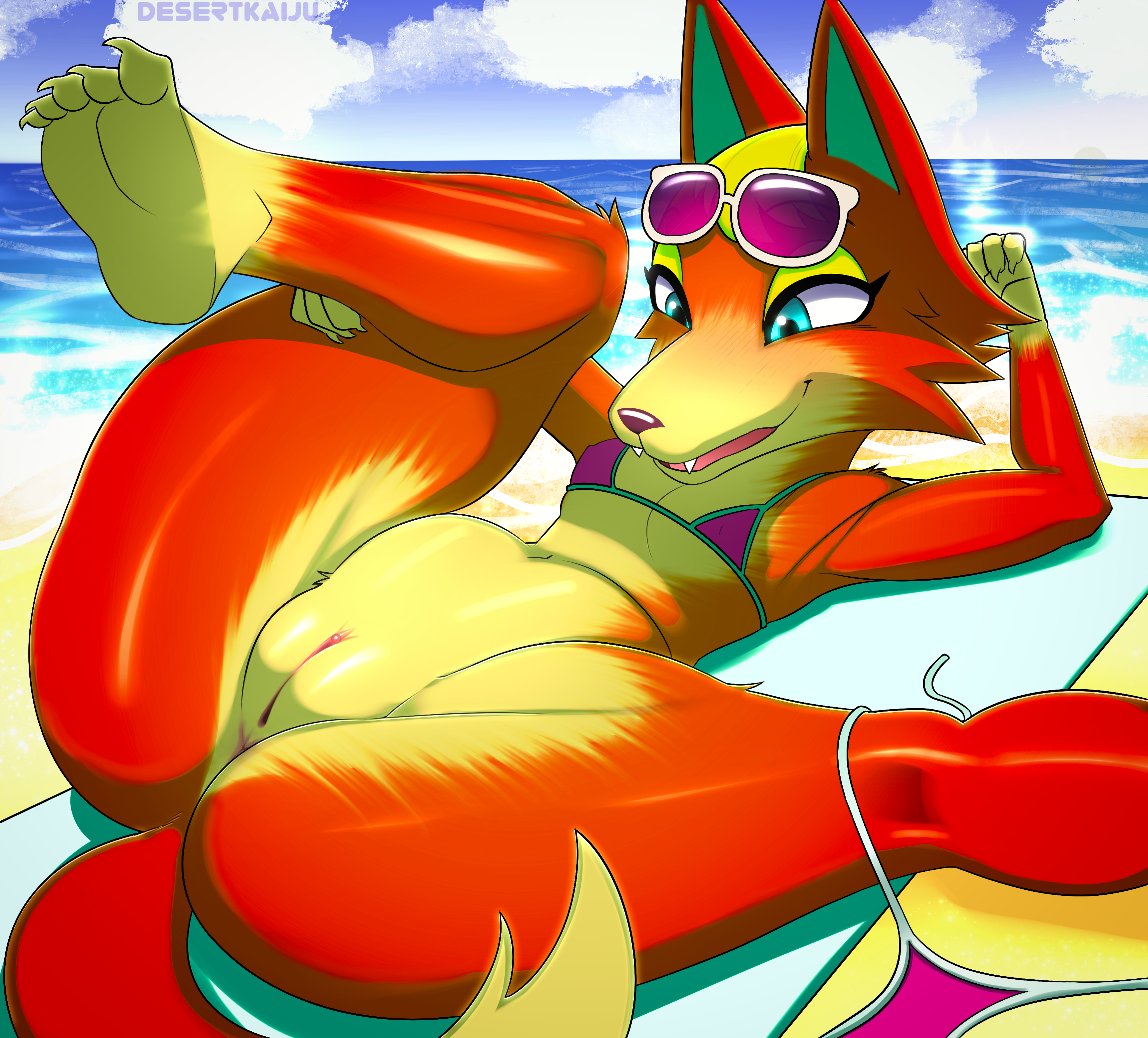 2020, absurd res, alternate body type, animal crossing, anthro, anus, audie (animal crossing), beach, blue eyes, bra, canid, canine, canis, clitoris, clothing, desertkaiju, eyewear, female, fur, furry, furry only, genitals, glasses, hi res, mammal, nintendo, pussy, sea, seaside, solo, tail, thick thighs, underwear, video games, water, wolf