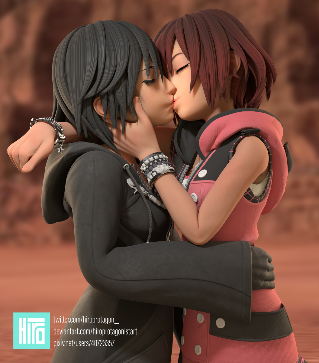 2girls black_coat black_hair blue_eyes bracelet closed_eyes clothed clothing coat disney embrace female female_only hand_on_another's_face handwear hiroprotagon hood hoodie human kairi kingdom_hearts kingdom_hearts_iii kissing outdoors outerwear pale_skin red_hair romantic short_hair square_enix wholesome xion yuri