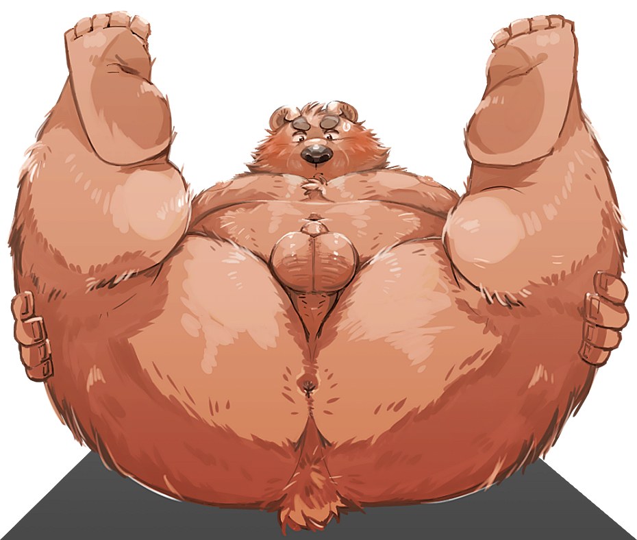 2020 anthro anus arufina_w ass balls belly blush brown_body brown_fur fur genitals humanoid_hands kemono male male_only mammal overweight overweight_male penis simple_background small_penis solo ursid