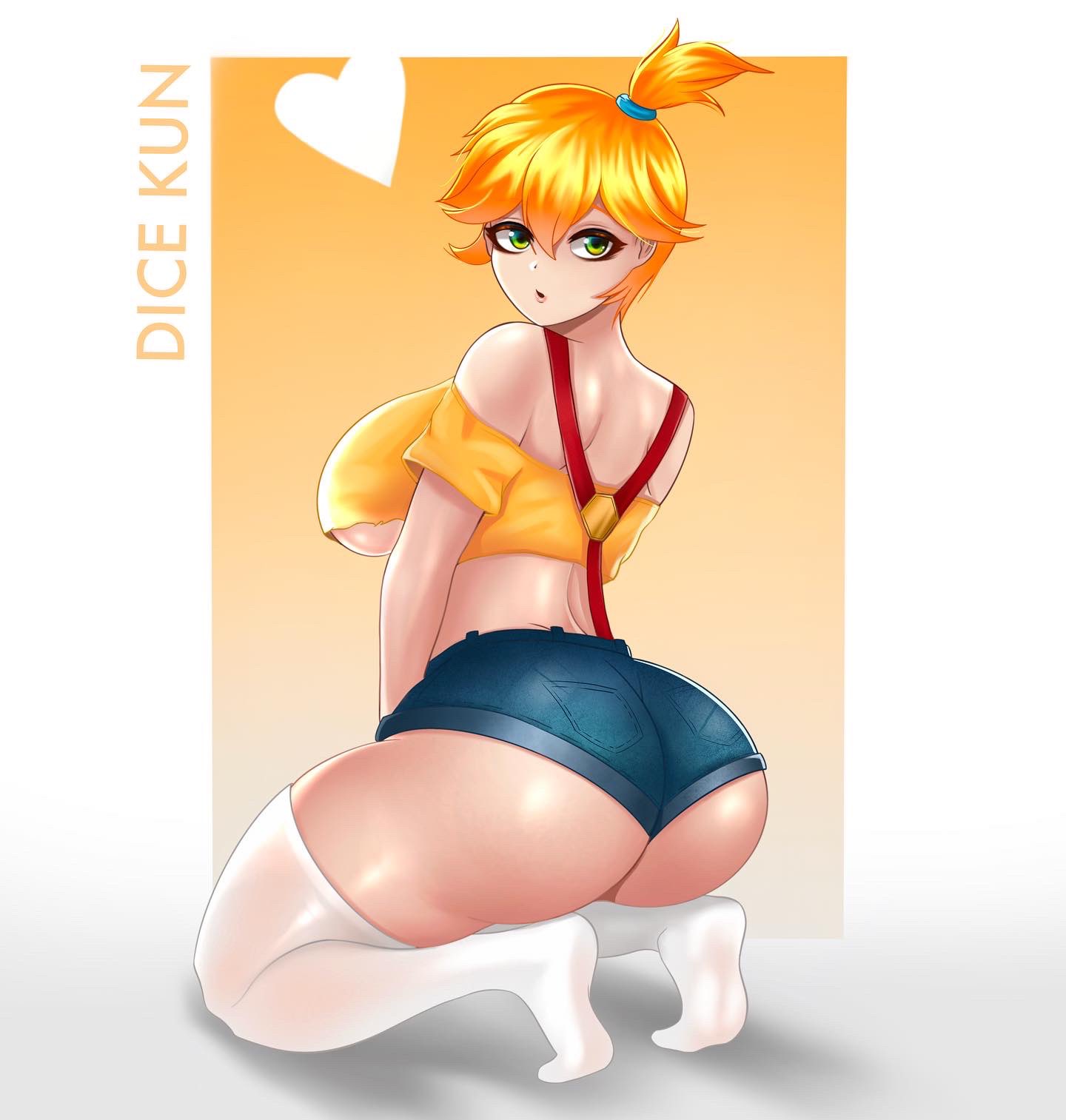 :o, 1girls, ass, ass hanging out of shorts, big ass, big breasts, breasts, curvy, dicekun, female, from behind, green eyes, huge ass, huge breasts, human, jeans, kasumi (pokemon), large breasts, legs, looking at viewer, looking back, misty (pokemon), naughty face, orange hair, pokemon, shorts, sideboob, socks, squatting, thick, thick lips, thick thighs, thighhighs, thighs, voluptuous, wide hips