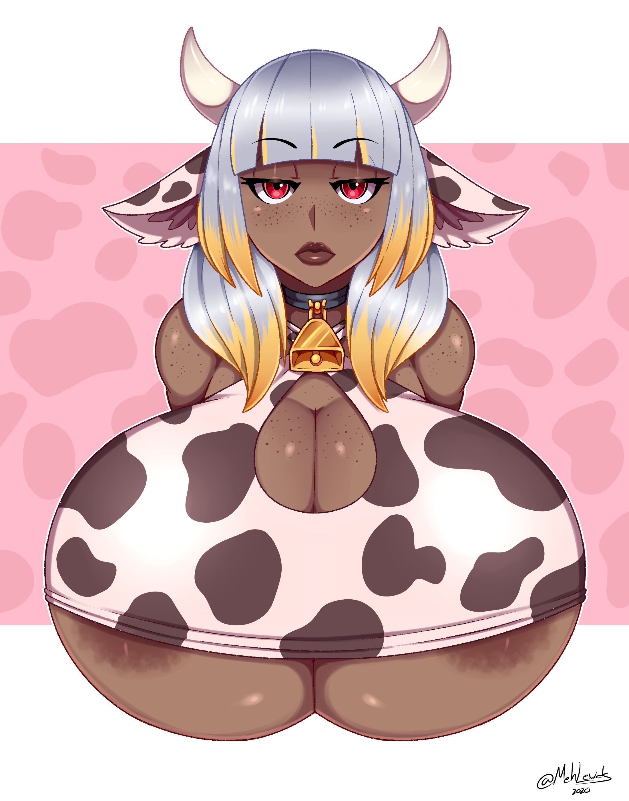 big breasts, breasts, cow girl, dark skin, dark-skinned female, female, mehdrawings, mehlewds, nipple slip, no nostrils, no source, red eyes
