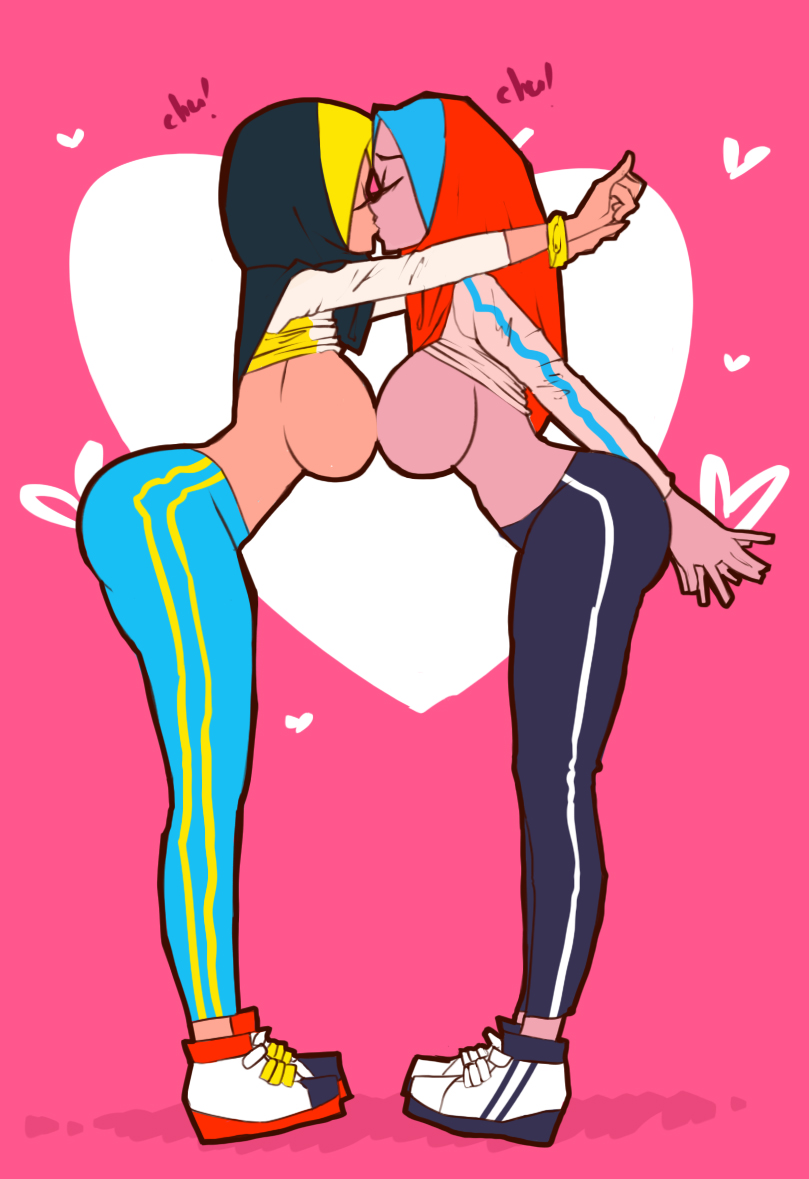 2girls, bare breasts, bolapistarize, breasts, clothing, female, heart background, hijab, kissing, pink background, yuri