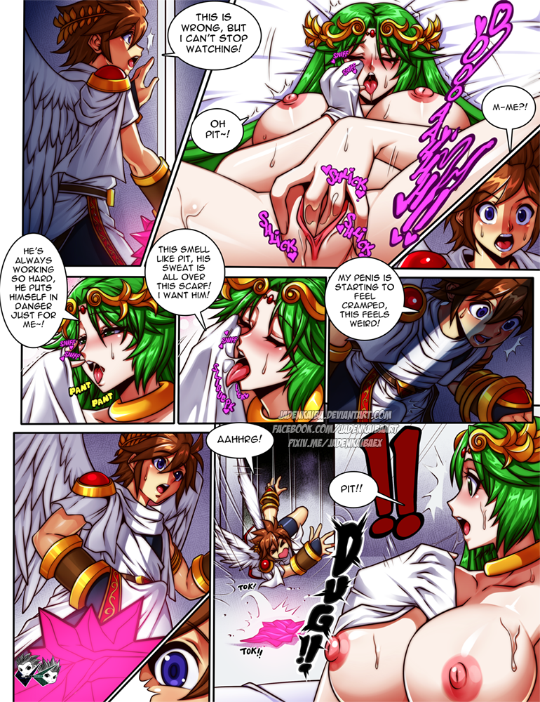 1boy 1girls accidental_circumstance angel bed clothed_male_nude_female comic deity dropping_object erection_under_clothes exclamation_point falling falling_over female goddess jadenkaiba kid_icarus kid_icarus_uprising large_breasts licking_clothing masturbation nintendo nude nude_female palutena pit pit_(kid_icarus) shocked sniffing_clothes tagme voyeur