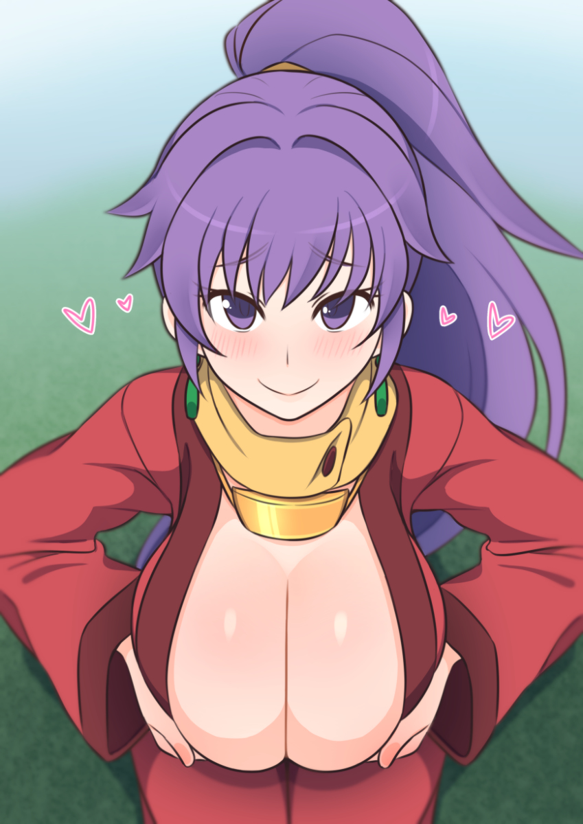 1girls arc_the_lad blush breast_hold breasts cleavage earrings female female_only heart japanese_clothes kaz_(shade) kneeling kukuru large_breasts light-skinned_female light_skin long_hair necklace paizuri_invitation ponytail purple_eyes purple_hair scarf simple_background smile solo