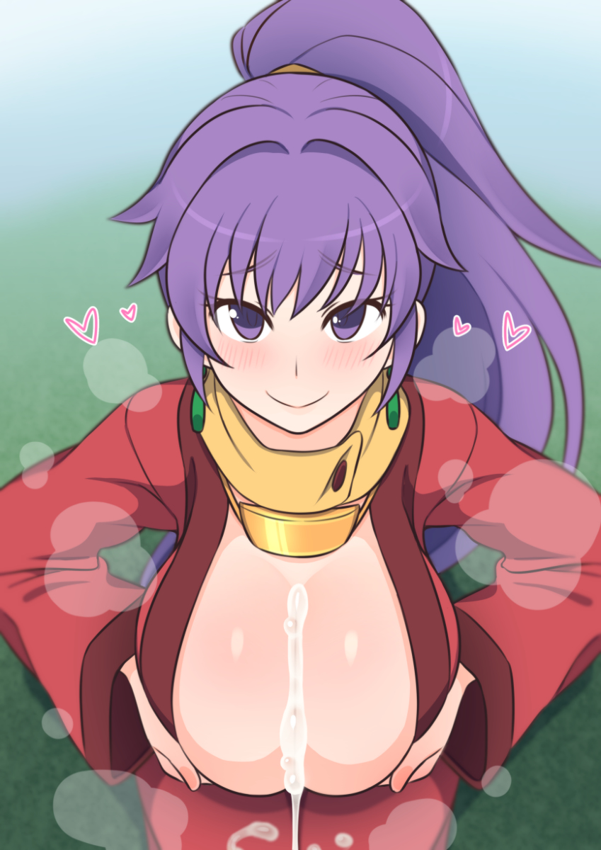 1girls after_paizuri arc_the_lad blush breast_hold breasts breath cleavage cum cum_on_breasts earrings female female_only heart japanese_clothes kaz_(shade) kneeling kukuru large_breasts light-skinned_female light_skin long_hair necklace ponytail purple_eyes purple_hair scarf simple_background smile solo