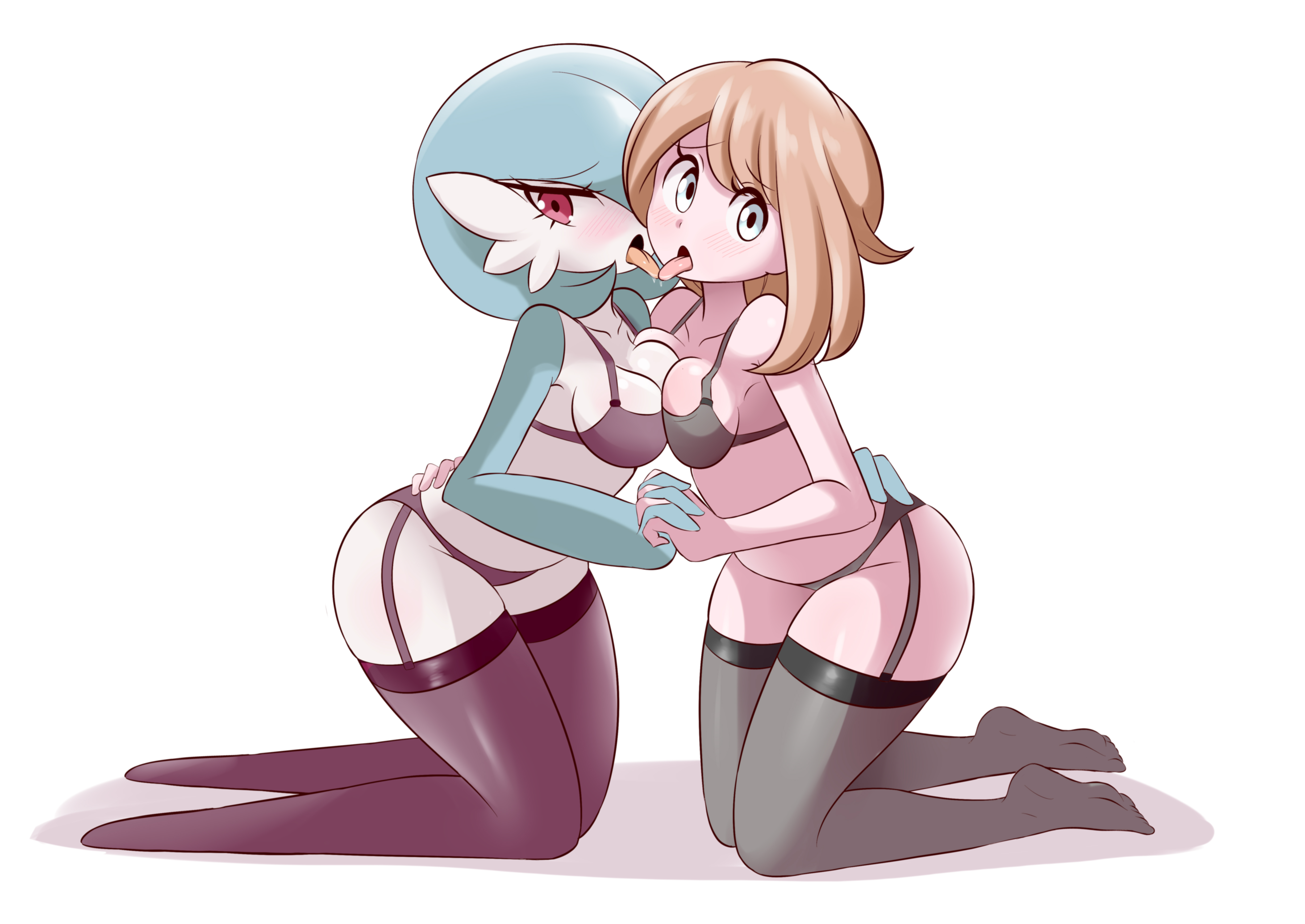 2girls, abs, amelia (kureamajo), anthro, anthrofied, ass, big ass, big breasts, black panties, black thighhighs, blue eyes, blue skin, blush, breasts, brown hair, female, female only, gardevoir, high resolution, human, humanoid, kissing, light skin, light-skinned female, lucyfercomic, medium hair, multiple females, multiple girls, nintendo, original character, pale skin, pale-skinned female, panties, pokémon (species), pokemon, pokemon (species), pokemon rse, purple eyes, saliva, shiny pokemon, thick thighs, thighhighs, tongue, tongue out, white background, white skin, wide hips, yuri