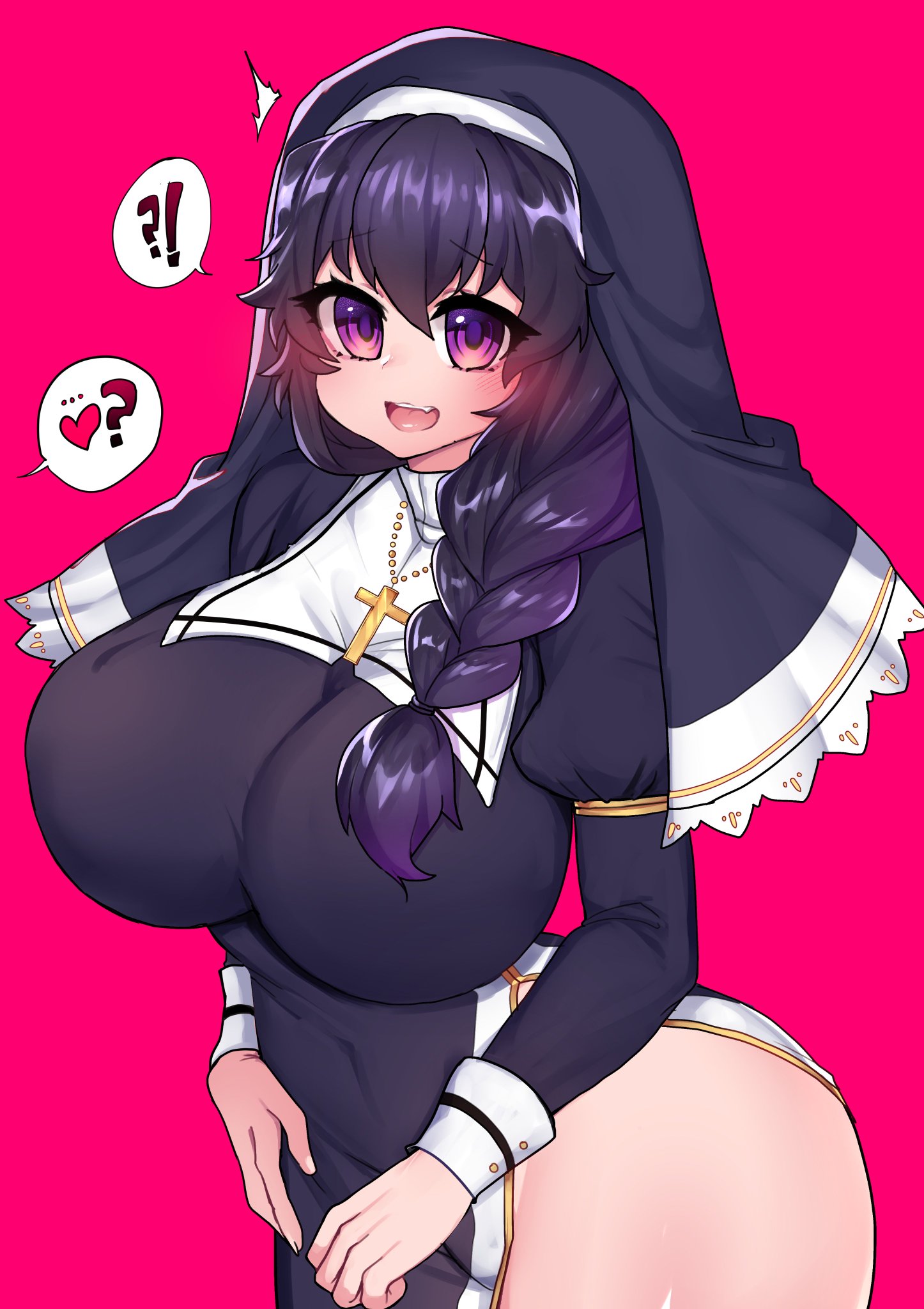 ass, big ass, big breasts, blush, braided hair, breasts, crawling dreams, curvy, dark hair, female, heart, huge ass, huge breasts, looking at viewer, nun, nun's habit, nyarla (crawling dreams), nyarla (osiimi), open mouth, osiimi, purple eyes, side slit, speech bubble, thick thighs