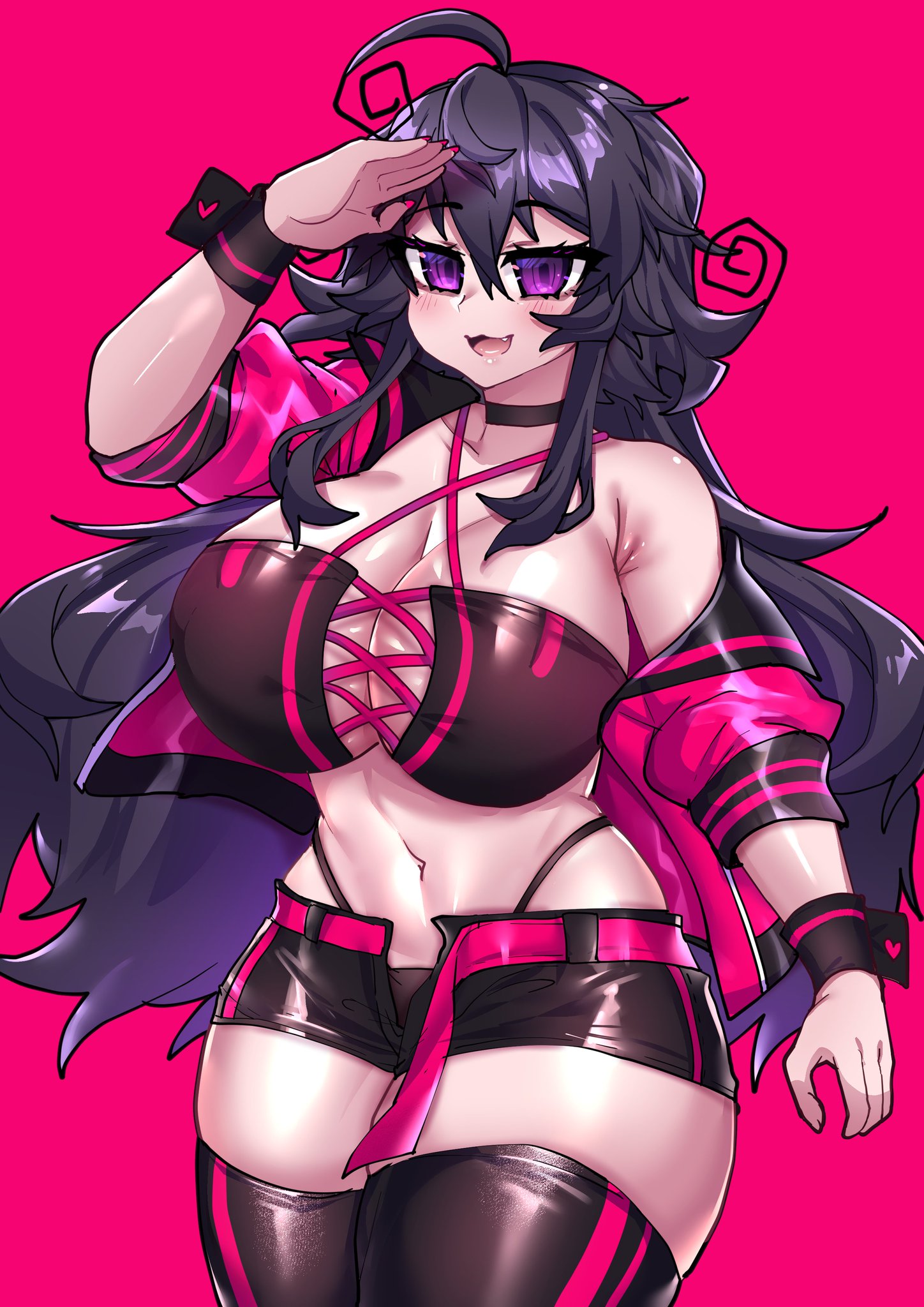 :3, big breasts, breasts, choker, crawling dreams, cuffs, curvy, dark hair, female, huge breasts, jacket, light skin, light-skinned female, long hair, looking at viewer, nyarla (crawling dreams), nyarla (osiimi), osiimi, pale skin, pale-skinned female, purple eyes, shorts, sleeves rolled up, thick thighs, thighhighs, thunder thighs, wide hips