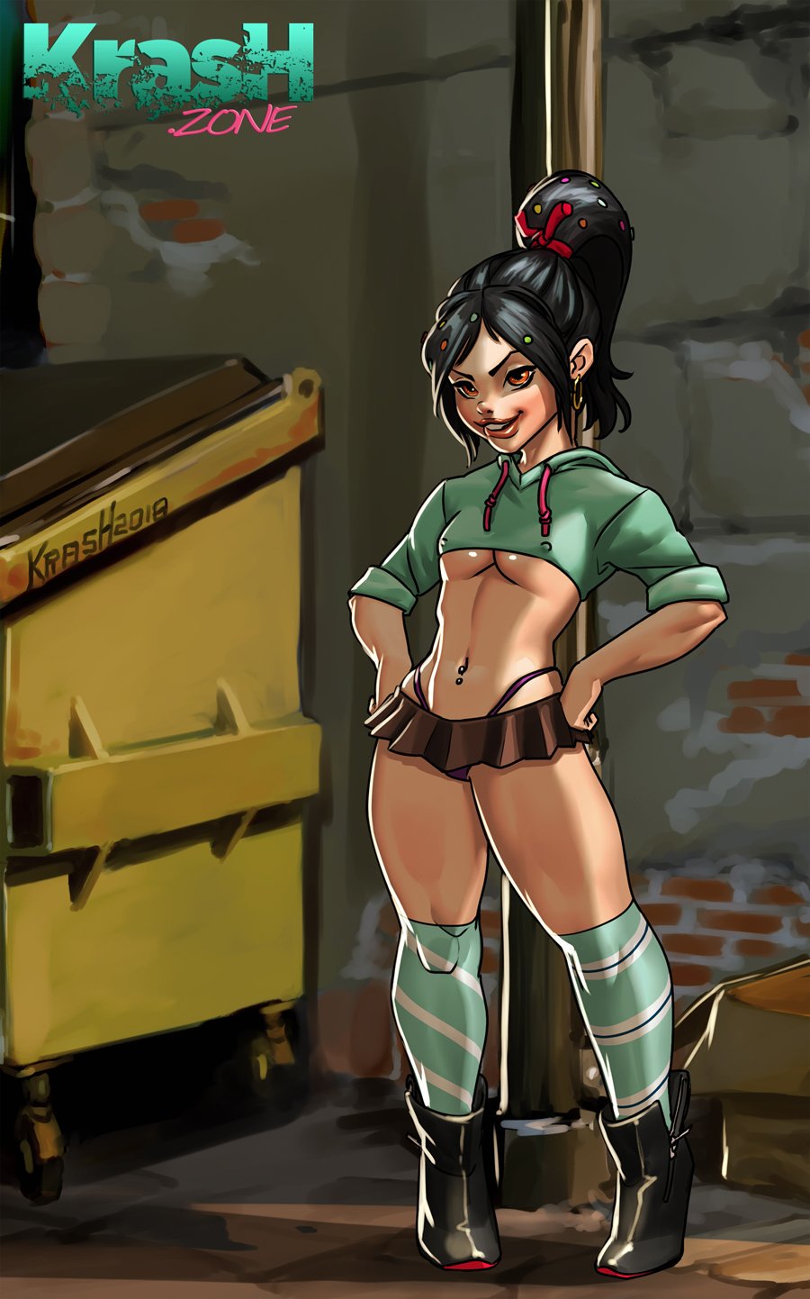 1girls 2018 aged_up back_alley bare_midriff bimbo bimbo_prostitute black_hair boots brown_eyes buckteeth busty cleavage crop_top cropped cropped_hoodie disney earrings erect_nipples g-string hoop_earrings hourglass_figure kneesocks kras krashzone long_hair microskirt navel navel_piercing nipple_bulge nipple_piercing piercing ponytail prostitute ralph_breaks_the_internet red_eyes skirt sleeves_rolled_up small_breasts stockings teenager thick_thighs thong tied_hair underboob vanellope_von_schweetz whale_tail wide_hips wreck-it_ralph