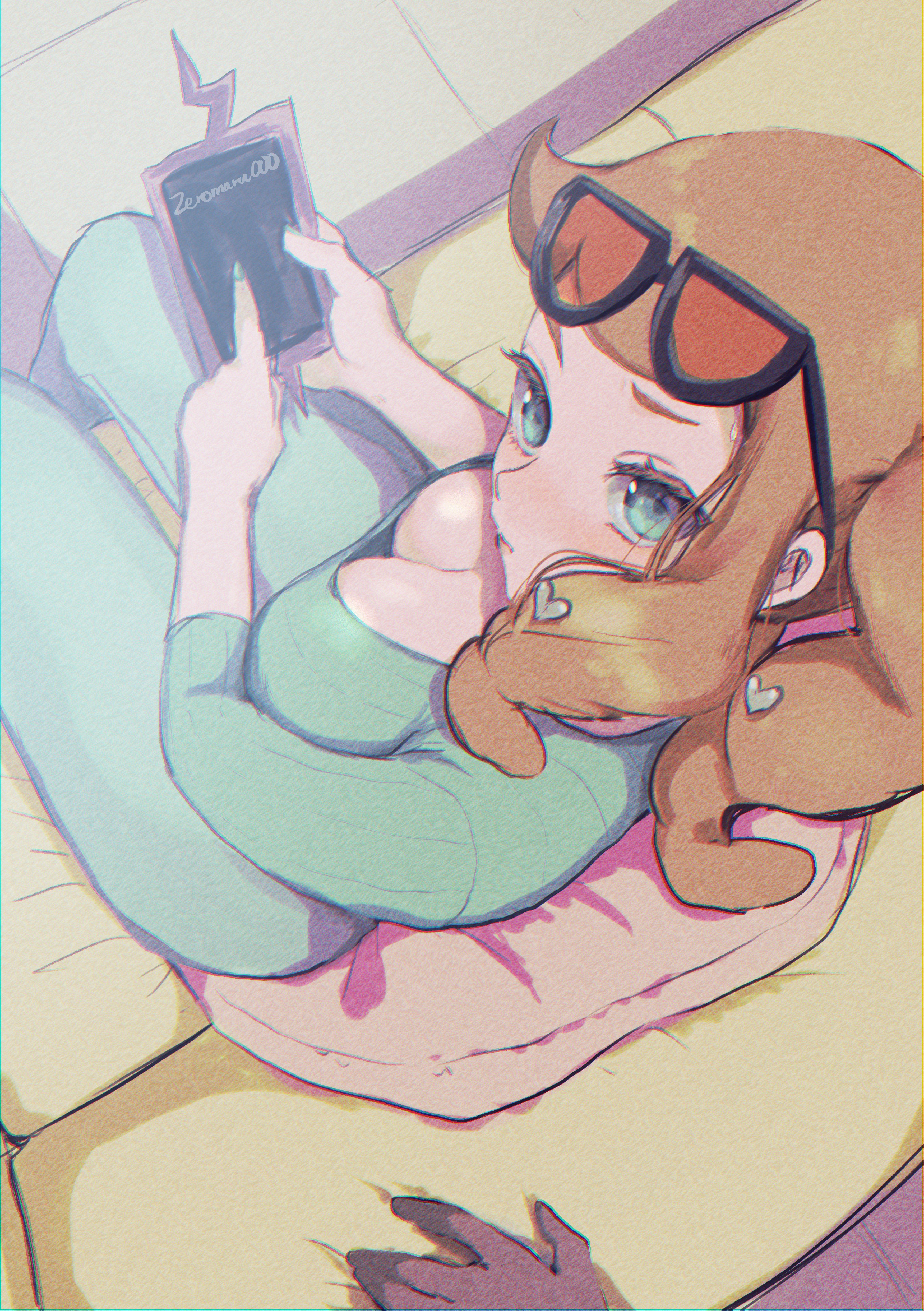 1girls, absurdres, aqua eyes, blush, breasts, cleavage, eyewear on head, female, female focus, ginger hair, hair ornament, heart, heart hair ornament, highres, jeans, long hair, looking at viewer, nail polish, nintendo, orange hair, pants, pokemon, pokemon ss, ponytail, ribbed sweater, rotom, side ponytail, sonia (pokemon), sunglasses, sunglasses on head, sweater