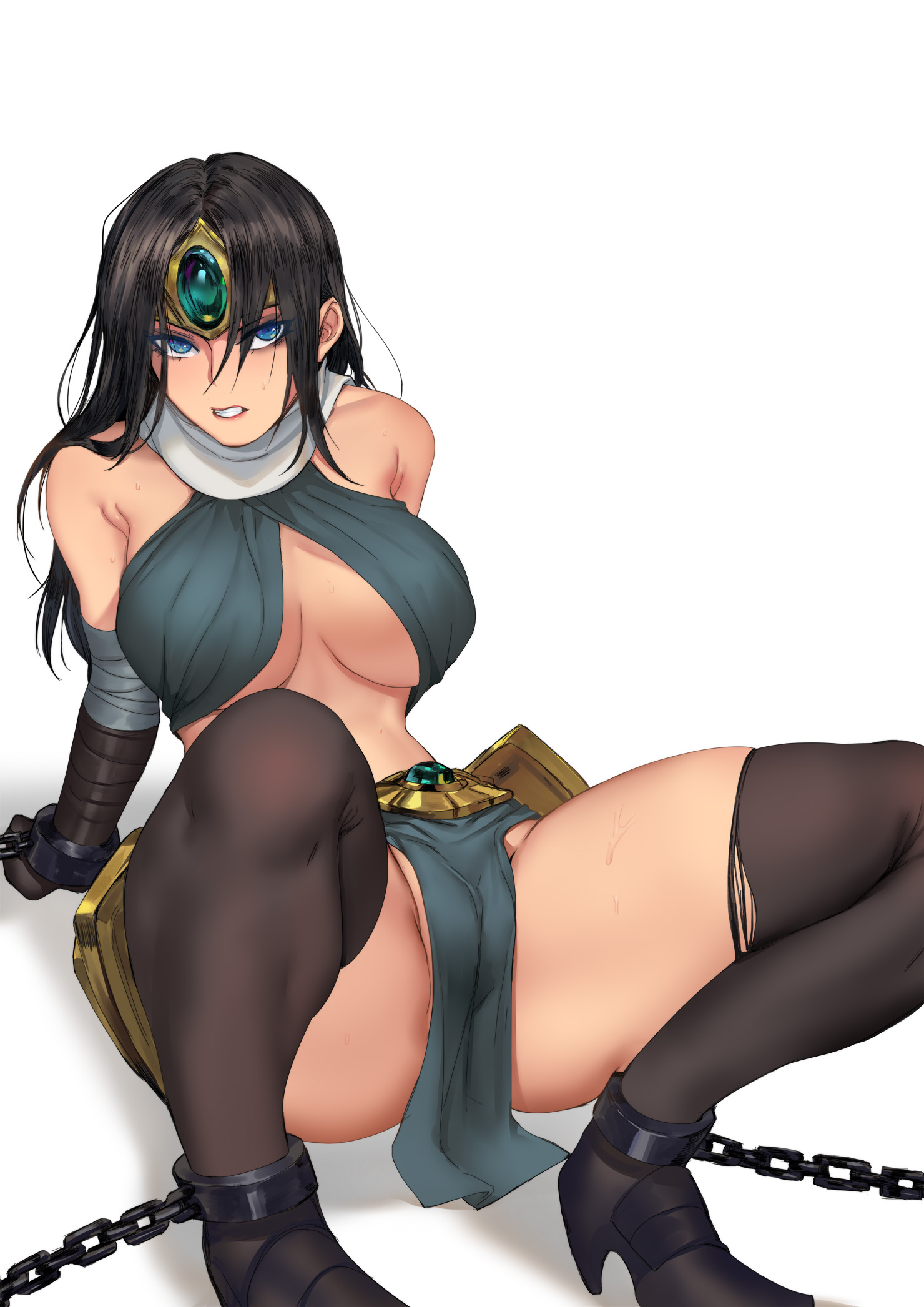 1girls, ass, big ass, big breasts, black hair, blue eyes, bondage, breasts, chains, female, female only, league of legends, looking at viewer, pd, pussy, riot games, see-through, sivir