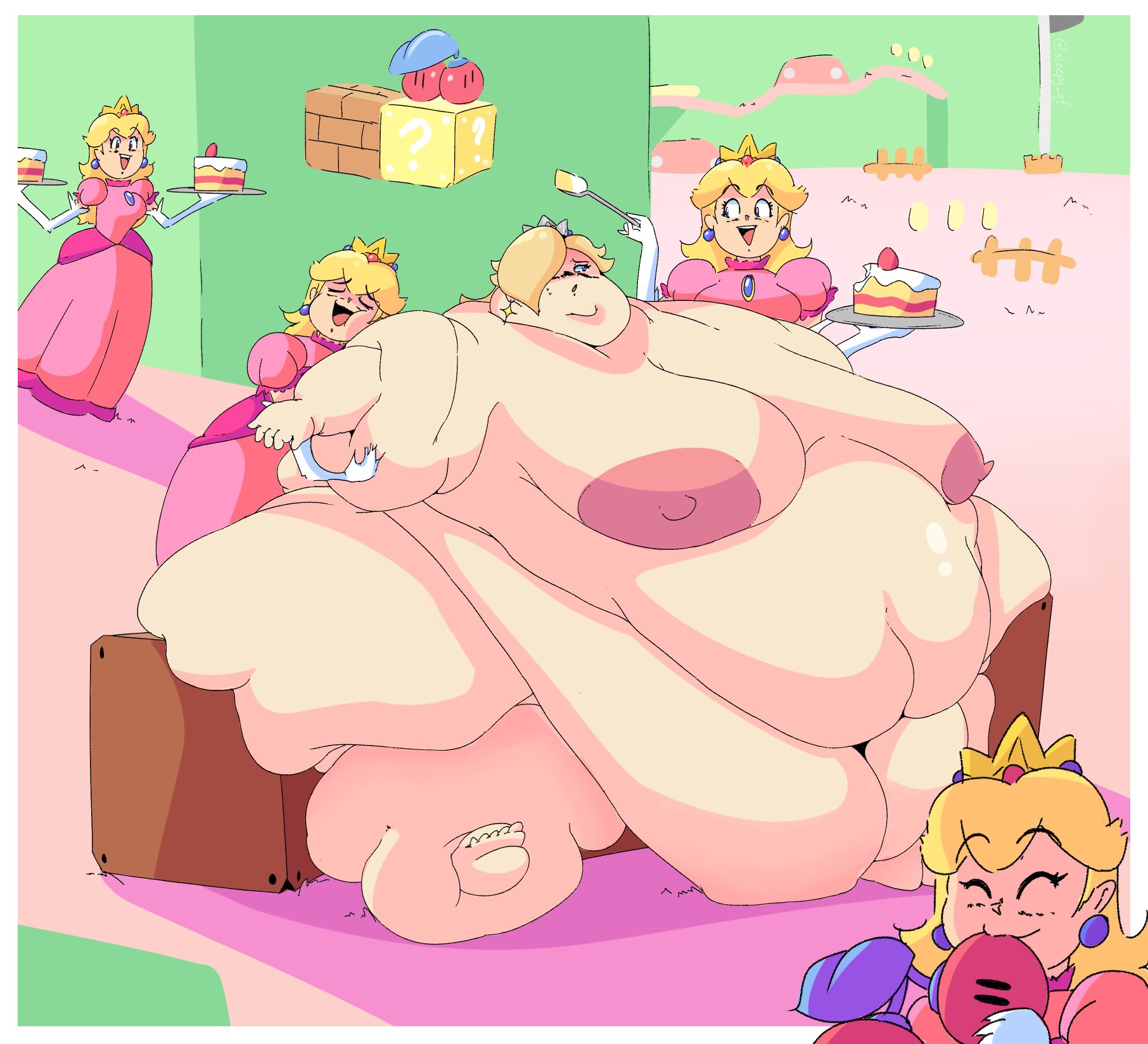 5girls, belly, big belly, breasts, double cherry, fat, fat female, feeding, female, female only, hyper fat, mario (series), multiple females, multiple girls, nintendo, nipples, obese, obese female, princess peach, princess rosalina, sleepyq, ssbbw, super mario 3d world, weight gain