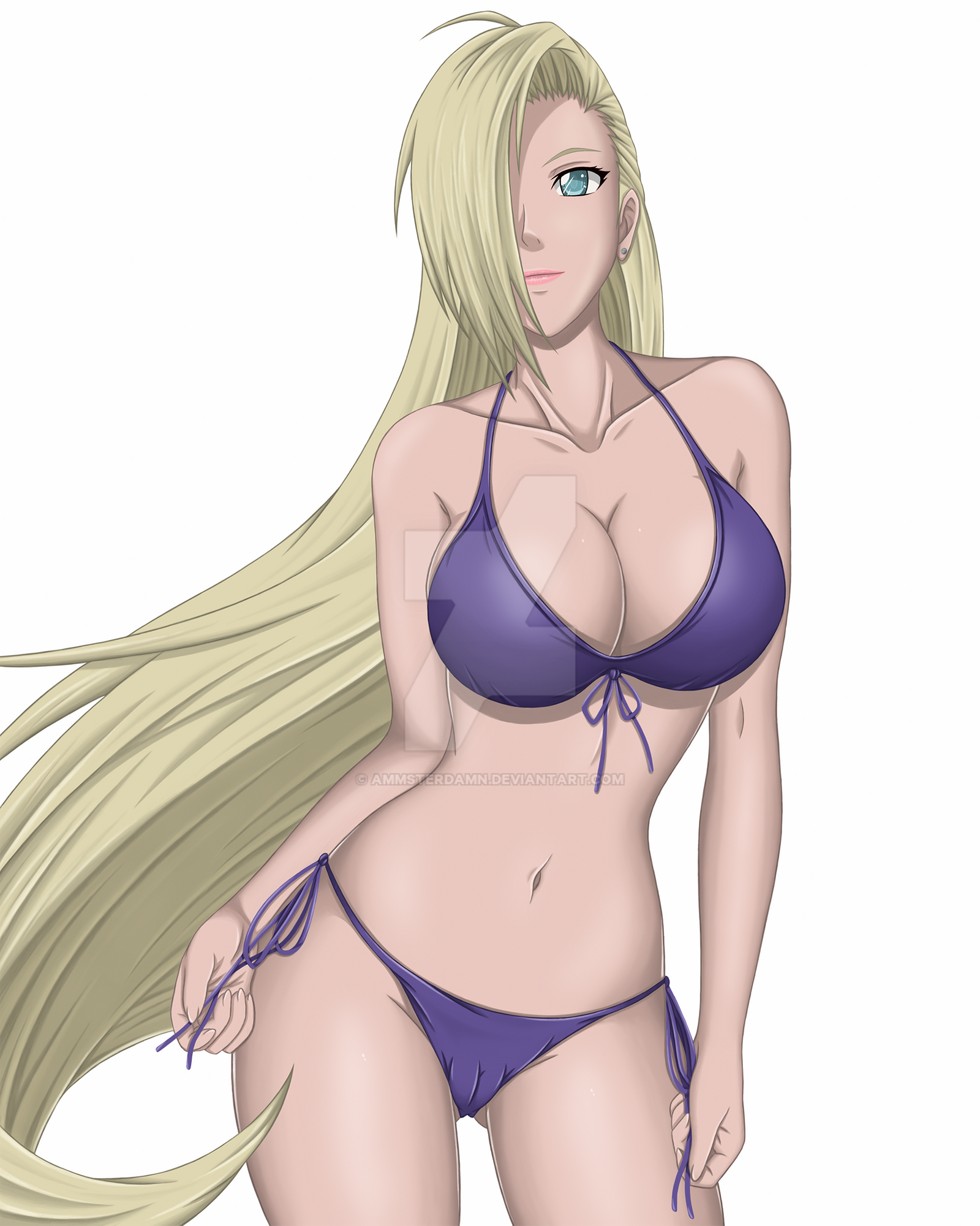 1girls, ammsterdamn, bikini, blonde hair, breasts, cameltoe, curvy, female, green eyes, ino yamanaka, large breasts, long hair, naruto, naruto (series), naruto: the last, pussy, solo, watermark, white background