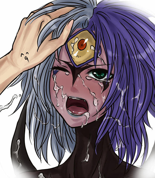 1girls blush crying crying_with_eyes_open cum cum_on_face facial green_eyes one_eye_closed purple_hair short_hair two_tone_hair white_hair yu-gi-oh! yu-gi-oh!_gx yubel