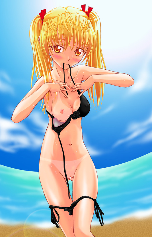 1girls beach blonde_hair blush breasts censored female female_only nipple nipples sawachika_eri school_rumble solo tanline twintails undressing