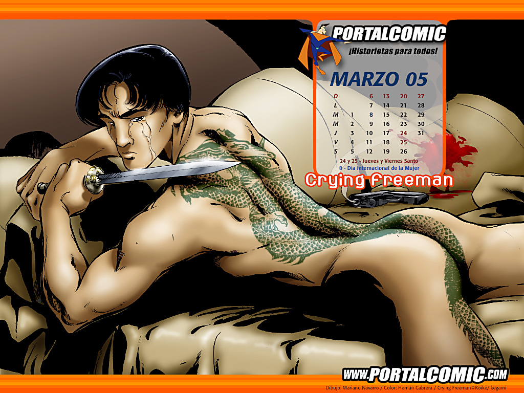 00s 1boy 2005 ass back back_view bed black_hair blood calendar_(medium) crying crying_freeman dated dragon_tattoo gun holding_object holding_sword holding_weapon human human_only looking_at_viewer lying lying_on_bed lying_on_stomach male male_only march_(month) mariano_navarro muscle muscles muscular muscular_male nude nude_male on_bed solo solo_focus solo_male spanish_text sword tattoo tattoo_on_back tattoo_on_butt tattoo_on_legs tears text yo_hinomura