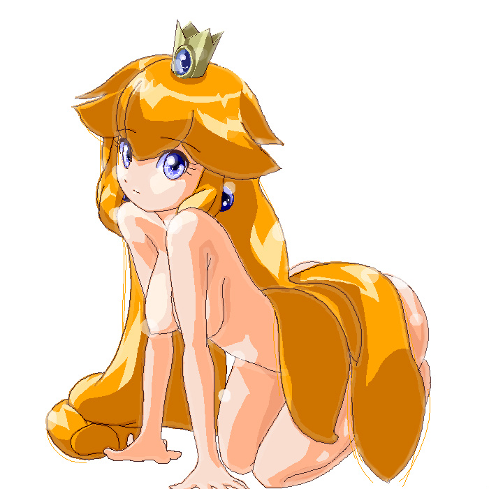 full_body kneeling looking_at_viewer mario_(series) mo_(at900c) nintendo nude oekaki princess_peach sparkling_eyes straight_hair