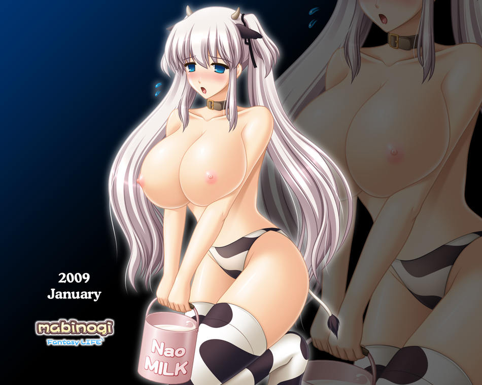 2009 animal_ear breasts collar cow_ear cow_print horns mabinogi milk nao pointy_chin tail thighhighs zoom_layer