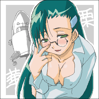 1girls adjusting_glasses blush breasts bust cleavage dokkoida dress_shirt erect_nipples face female glasses green_eyes green_hair haganemaru_kennosuke hair_ornament hairclip kurika kurika_kurinohana kurinohana_kurika leaning_forward long_hair looking_at_viewer lowres naughty_face oekaki open_mouth rocket shirt smile solo very_long_hair