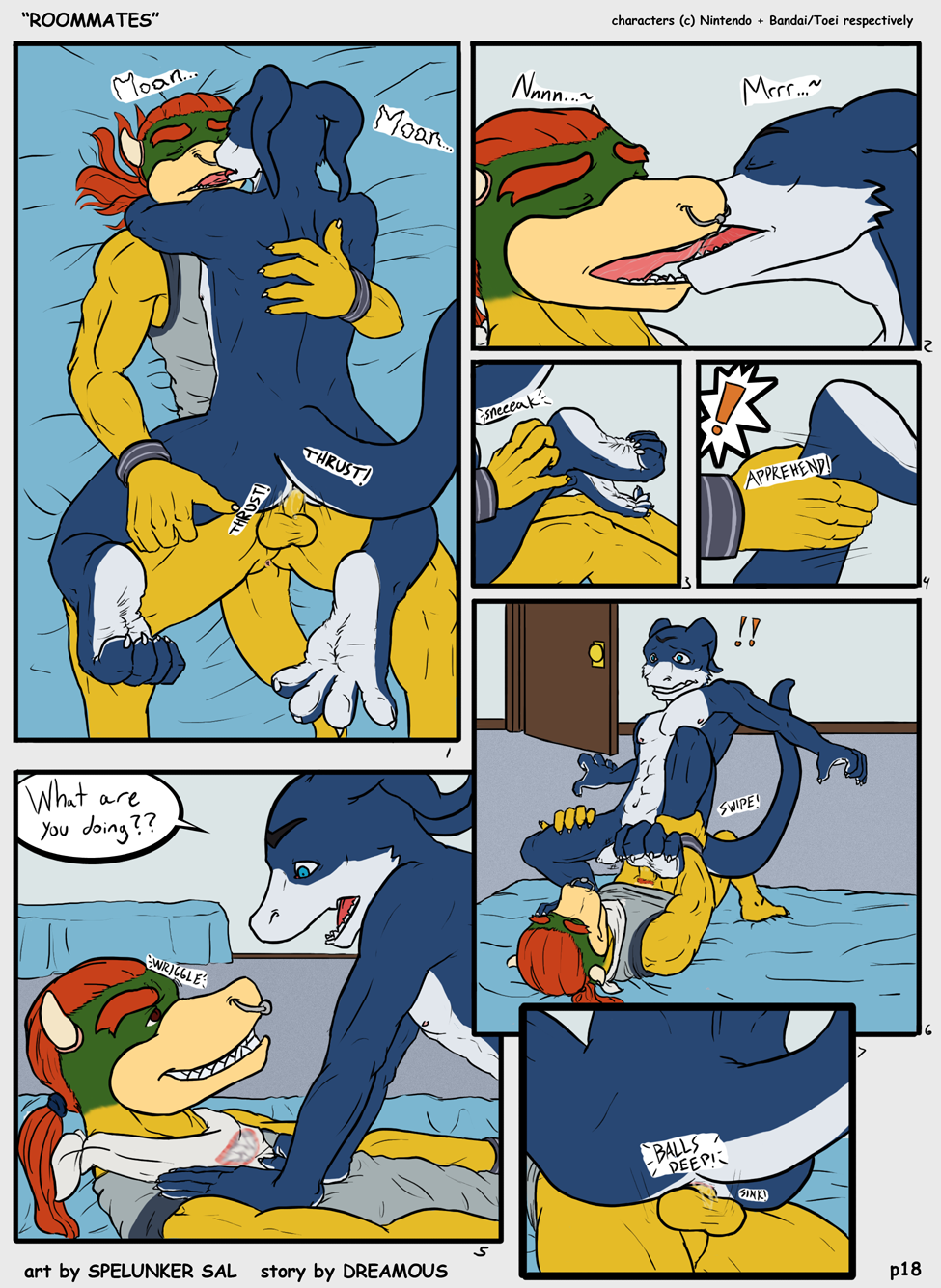 anal anal_sex bandai bowser_koopa_junior_(roommates) comic couple digimon dreamous_(writer) flamedramon gay giancarlo_rosato grin hi_res horn kissing koopa male male/male male_only mario_(series) muscles nintendo nude penetration penis roommates_(comic) scalie spelunker_sal straight_hair tongue yaoi