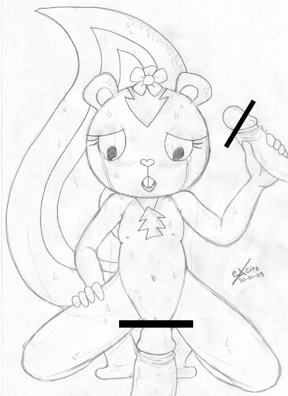 2009 anthro blushing buck_teeth censor_bar censored disembodied_penis excito flat_chested flower hand_on_thigh handjob happy_tree_friends kneeling mondo_media petunia petunia_(htf) skunk sweat tears threesome traditional_media_(artwork) vaginal_penetration