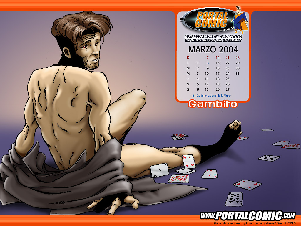 00s 1boy 2004 arm_support calendar_(medium) card clothing dated gambit human looking_back male male_only march_(month) mariano_navarro marvel muscular_male pale_skin sitting solo spanish_text straight_hair tagme text x-men