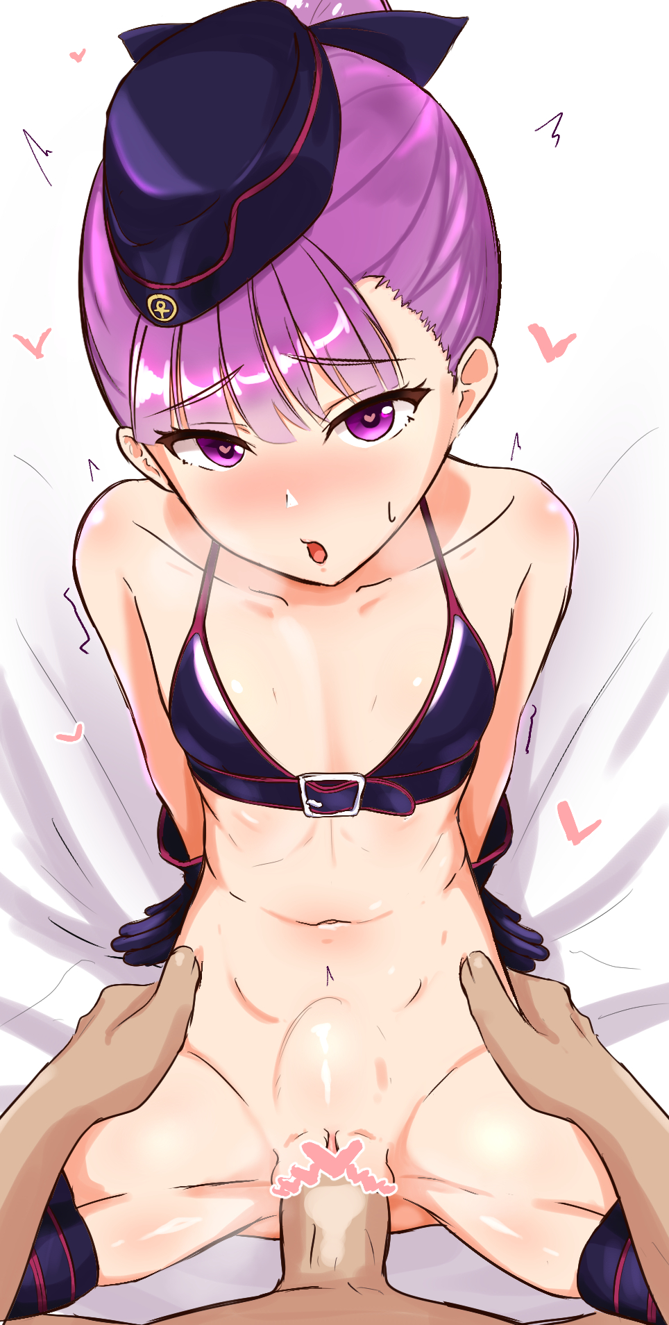 1boy ankh bangs bare_shoulders bikini black_bikini black_bow black_gloves black_headwear black_legwear blush bow breasts donutman fate/grand_order fate_(series) female garrison_cap gloves hairbow hat heart heart-shaped_pupils helena_blavatsky_(fate) helena_blavatsky_(swimsuit_archer) highres leaning_back looking_at_viewer missionary navel open_mouth penis ponytail purple_eyes purple_hair pussy sex short_hair small_breasts spread_legs stomach_bulge straight swimsuit symbol-shaped_pupils thighhighs thighs vaginal_penetration