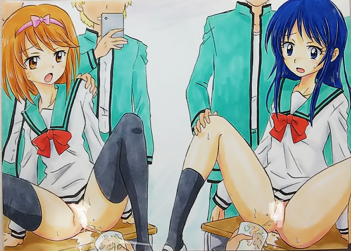 2boys, 2girls, 6+boys, 6boys, ass, blue hair, blush, censored, chiyo yumehara, clothing, embarrassed, female, half-dressed, human, male, multiple boys, multiple females, multiple girls, multiple males, orange hair, peeing, peeing together, phone, pussy, pussy juice, saiki kusuo no psi nan, school uniform, spread legs, teruhashi kokomi, urine