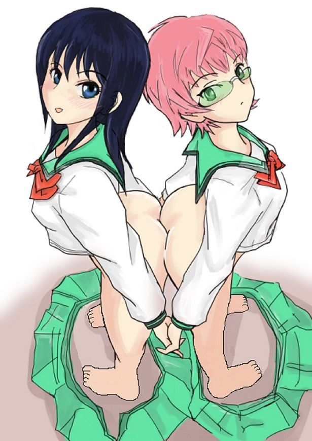 2girls ass ass_to_ass clothing glasses green-tinted_eyewear holding_hands looking_back multiple_girls no_panties pink_hair rule_63 saiki_kusuko saiki_kusuo saiki_kusuo_no_psi_nan school_uniform skirt skirt_removed sunglasses teruhashi_kokomi tinted_eyewear yuri