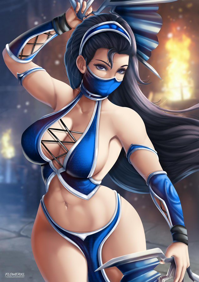 1girls, 2d, abs, alluring, big breasts, black eyes, black hair, breasts, cleavage, detailed background, female, female only, flowerxl, front view, kitana, kitana (mk9), long hair, mask, midway, midway games, mortal kombat, mortal kombat (2011), navel, solo, solo female, solo focus, tiara, toned, toned female, video game character, weapon, wide hips