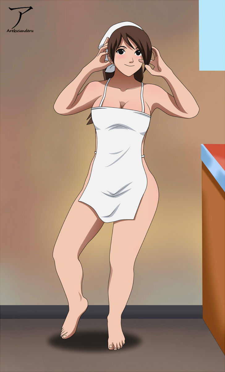 1girls, adjusting hair, apron, arekusanderu, ayame (naruto), bandana, barefoot, black eyes, blush, breasts, brown hair, cleavage, feet, female, female only, long hair, looking at viewer, naked apron, naruto, naruto (classic), naruto (series), naruto shippuden, smile, solo, solo female, toes, wide hips