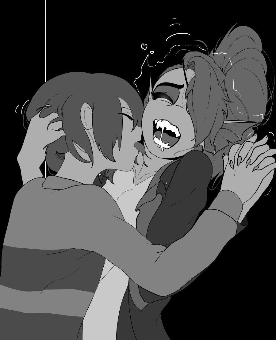 1boy, 1girls, black and white, clothed, clothes, clothing, eyelashes, eyeshadow, female, fish girl, frisk, haaru, hand holding, head grab, holding hands, human, human on anthro, looking pleasured, male, male human/female anthro, monochrome, neck kiss, neck lick, open mouth, orgasm face, pleasure face, red hair, saliva, straight, trembling, undertale, undyne, yellow eyes